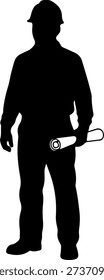 A black silhouette of a construction worker wearing a hard hat holding a rolled up blueprint in one hand on a pure white background
