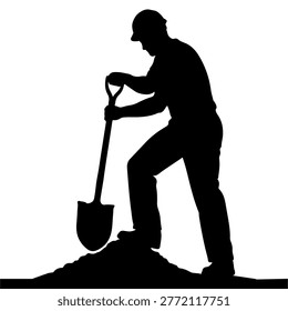 A black silhouette of a construction worker wearing a hard hat, digging into a pile of dirt with a shovel.