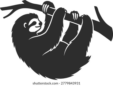 A black silhouette of a contented sloth clinging to a tree limb, depicted in a simple, graphic style.