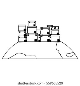 black silhouette contour boxes stacked and sealed over the planet