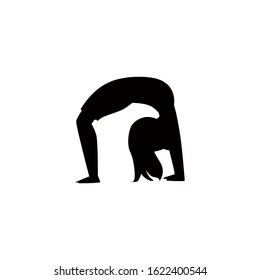 Black silhouette or contour of a child girl in yoga bridge pose vector illustration isolated on white background. Little kid doing gymnastics exercise icon.