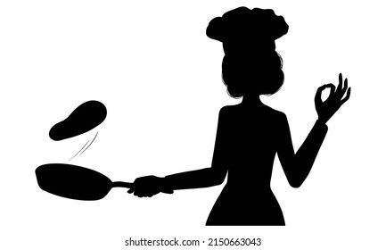 Black silhouette of cook girl who tosses pancake in frying pan, vector illustration