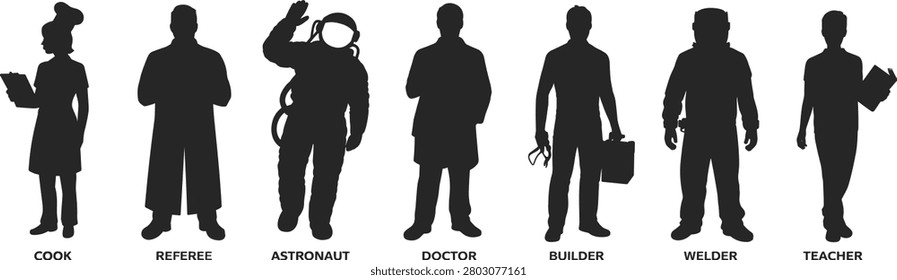 Black silhouette of cook, referee, astronaut, doctor, builder, welder, teacher black silhouettes des