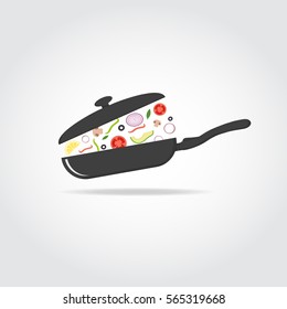 Black silhouette of cooking pan with cap with vegetables and fruits. Healthy food concept.