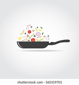 Black silhouette of cooking pan with vegetables and fruits. Healthy food concept. 