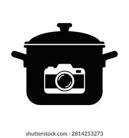 Black silhouette of a cooking pot with a camera symbol for food