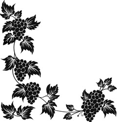 Black silhouette corner ornament of grapevine with grape clusters and curly leaves. Decorative vector in vintage engraving style with botanical elements and place for text