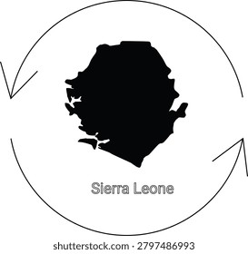 A black silhouette of the country of Sierra Leone is centrally placed within a circular graphic with arrows indicating rotation or movement.