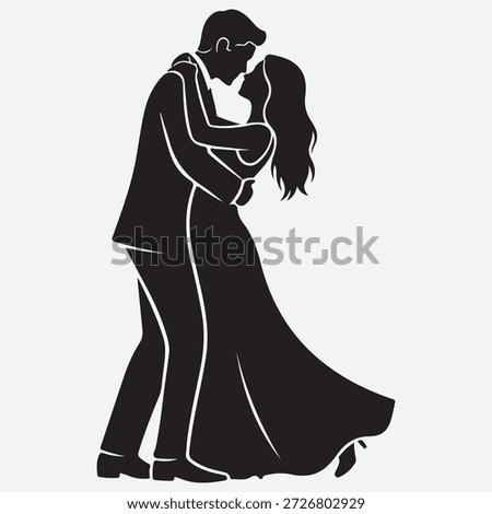 Black silhouette of a couple embracing and dancing in formal attire embrace love