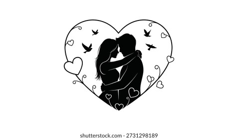 A black silhouette of a couple embracing, framed by a heart with birds—a distinctive, monochrome style.