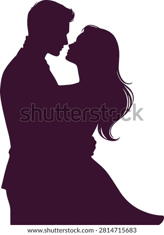 Black silhouette of couple embracing in gentle curve with flowing hair and gown minimal gentle curve
