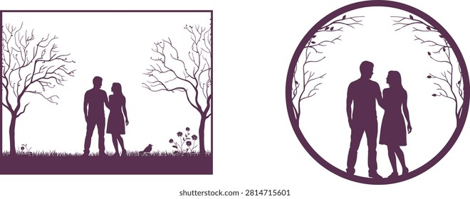 Black silhouette of couple embracing under leafless trees with birds and flowers in nature setting standing under trees