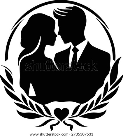Black silhouette of a couple embracing within a circular frame adorned with laurel leaves and a heart symbol representing love and unity on a white background