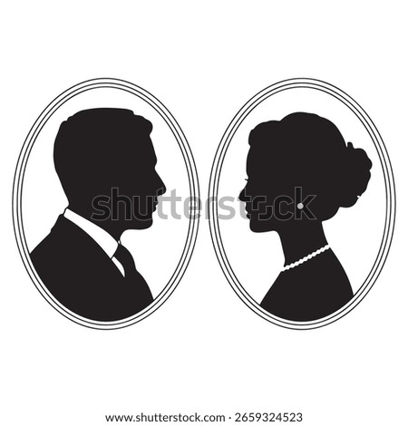 Black silhouette couple facing each other in oval frames