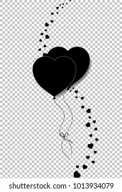 Black silhouette of couple heart shaped helium balloons bounded together and vertical wave made of  many little hearts confetti isolated on transparent. Vector illustration, icon, logo, clip art.