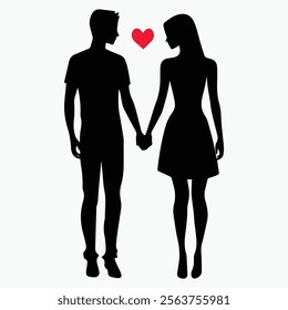 Black silhouette of a couple holding hands under a red heart, symbolizing love, unity, and romantic connection in a timeless design.