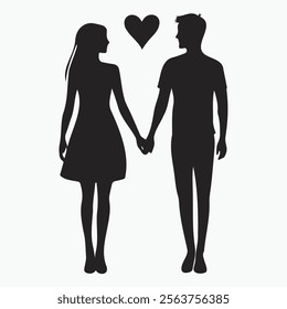 Black silhouette of a couple holding hands with a small heart above them, representing love, connection, and romance in a simple and elegant style.