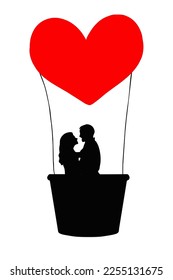 A black silhouette of couple in love flying in a balloon with a red heart. man and a woman look at each other and get ready to kiss. Vector graphics for Valentine's Day isolated on white background