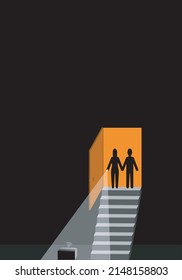 Black Silhouette Of A Couple Of Man And Woman Holding Hands And With A Flashlight Lighting The Chest Of The Dark Basement From Which A Sound Comes Out. Adventure Mystery Novel Cover