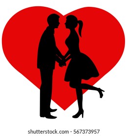 The black silhouette of couple on background of the heart. Valentine's Day. The bride and groom. Vector illustration.