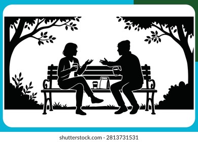 Black silhouette of couple sitting on bench talking and drinking coffee outdoors
