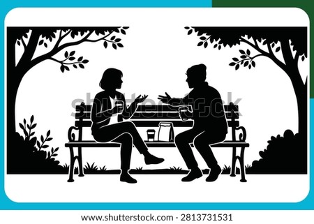 Black silhouette of couple sitting on bench talking and drinking coffee outdoors