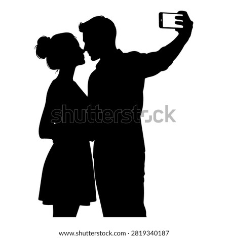 Black silhouette of a couple standing close and taking a selfie with a smartphone, emphasizing intimacy and modern technology in relationships.