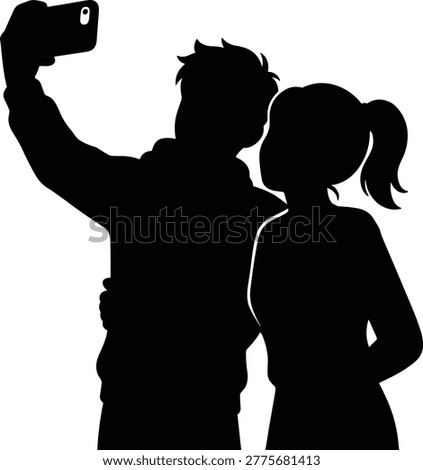 Black silhouette of a couple taking a selfie with a smartphone against a plain white background.