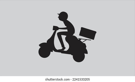 Black silhouette of a courier with a box on a scooter Delivery man on scooter side view Modern expert home and office delivery Icon logo Flat vector illustration