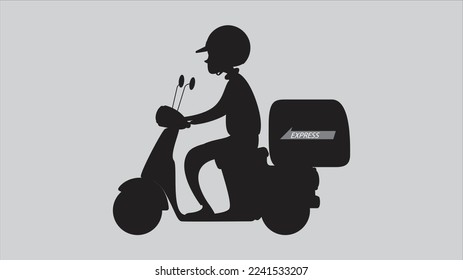 Black silhouette of a courier with a box on a scooter Delivery man on scooter side view Modern expert home and office delivery Icon logo Flat vector illustration