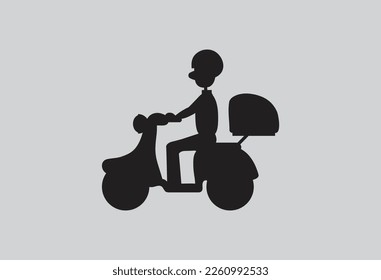Black silhouette of a courier with a box on a scooter. Delivery man on scooter, side view. Modern expert home and office delivery. Icon, logo. Flat vector illustration
