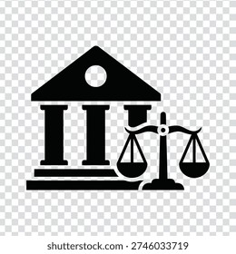A black silhouette of a courthouse with a triangular roof and two columns, with the scales of justice in front, on a transparent background, in a simple and iconic style