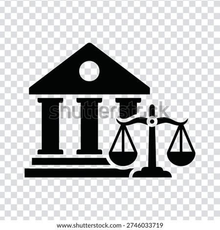 A black silhouette of a courthouse with a triangular roof and two columns, with the scales of justice in front, on a transparent background, in a simple and iconic style