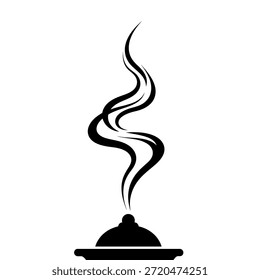 A black silhouette of a covered serving dish with elegant, swirling steam rising from it, set against a clean white background.