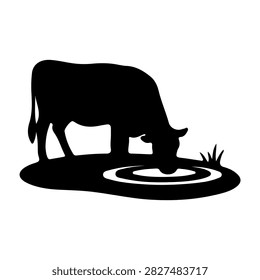 Black silhouette of a cow drinking water from a small pond, surrounded by grass, illustrating rural farming and livestock watering practices.