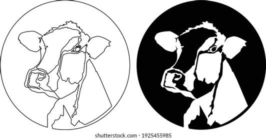 Black silhouette cow isolated on white. Hand drawn vector illustration.