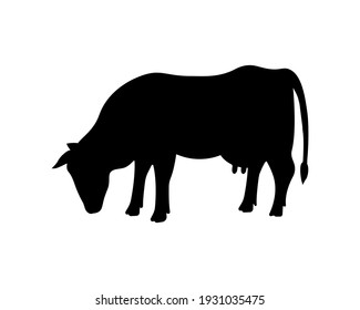 Black silhouette of a cow, isolated on white.Symbol for packaging, branding, poster. Simple flat design. Vector illustration.