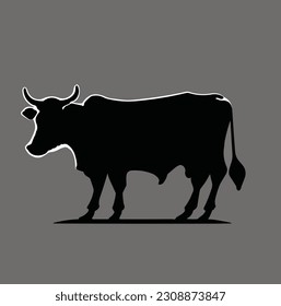 Black silhouette cow isolated on white. Hand drawn vector illustration