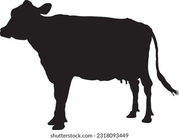 Black silhouette cow isolated on white. Hand drawn vector illustration.