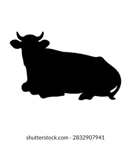 Black silhouette of a cow lying down, showcasing a peaceful resting posture, isolated on a white background.