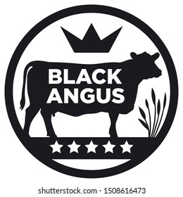 Black silhouette cow on white. Logo. Breed Black Angus. Hand drawn vector illustration.