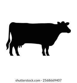 A black silhouette of a cow profile with a simple shape, graphic design, and minimalist illustration style. The cow is standing on a white background. The image has a vector art style, clean lines, an