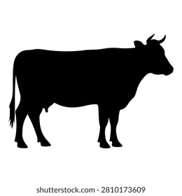 A black silhouette of a cow in profile view, highlighting its body shape and horns against a plain background.