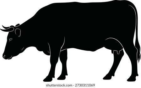 Black silhouette of a cow standing on white background