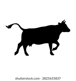 Black silhouette of a cow walking in profile, isolated on a white background, emphasizing the animals shape and movement.