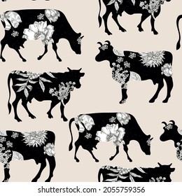 Black silhouette of a cow with white flowers. Vector illustration. Farm animal. Agriculture. Seamless pattern with cows. 