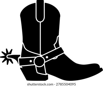 Black silhouette of a cowboy boot with spur on white background, western footwear icon for design use