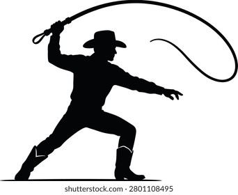 Black silhouette of a cowboy cracking a long bullwhip, wearing traditional western hat and boots on white background