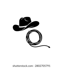 A black silhouette of a cowboy hat and a coiled lasso on a white background.