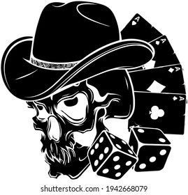 black silhouette of cowboy skull with poker ace and dice